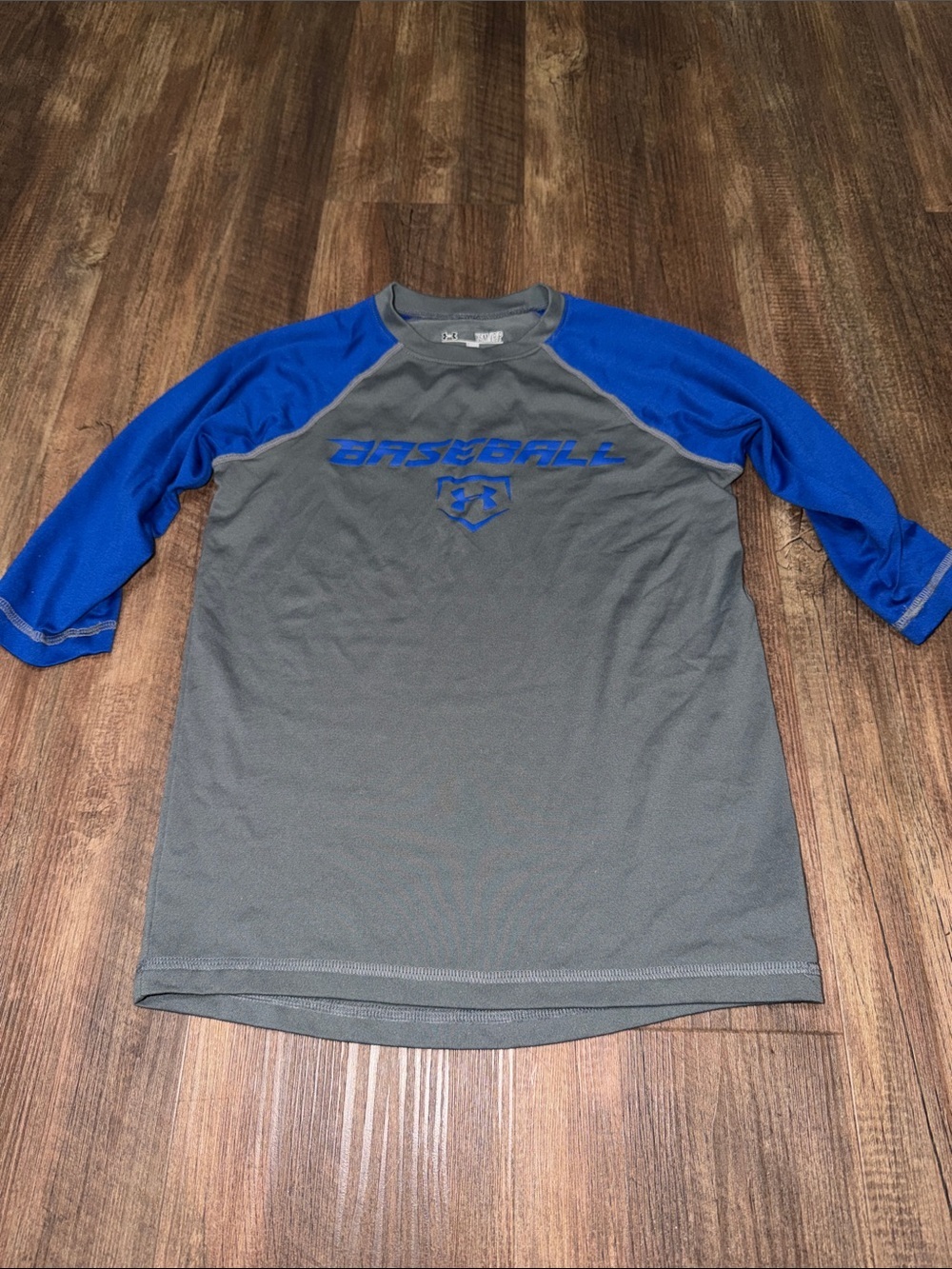 Under Armour Boys Baseball Logo 3/4 sleeve shirt size S Blue/Gray